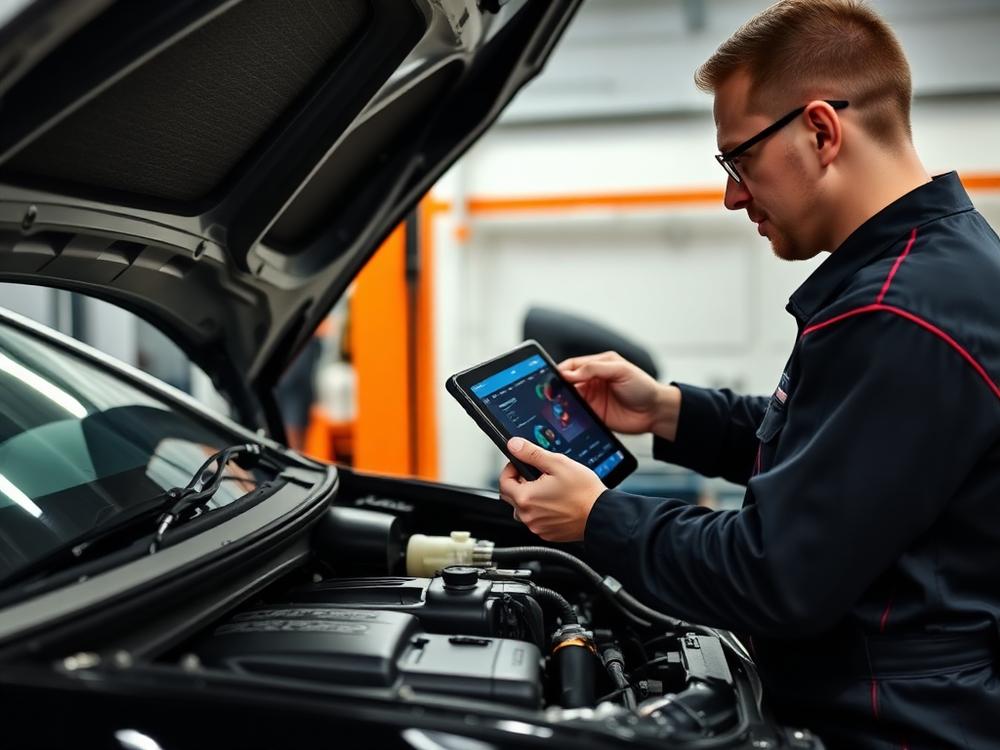 Mecânico realizando diagnóstico computadorizado no motor de um veículo