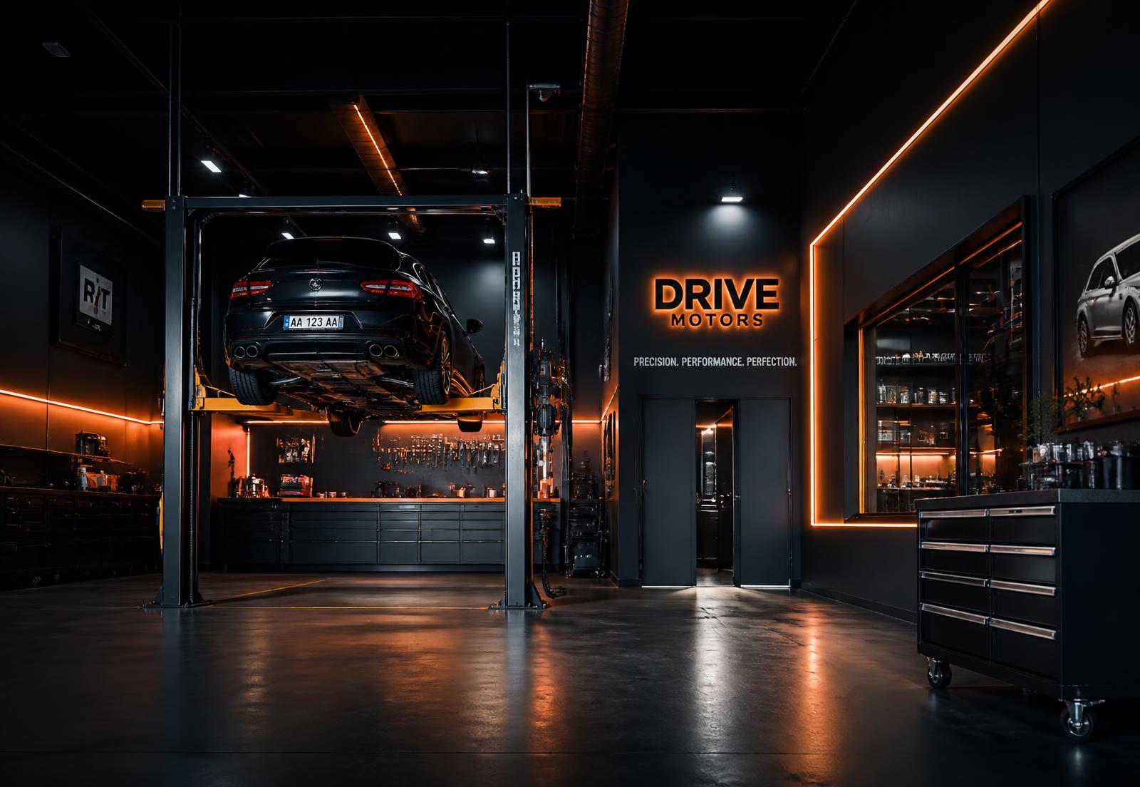 Interior moderno da Mechanic Sparkle, com veículo no elevador e iluminação em laranja